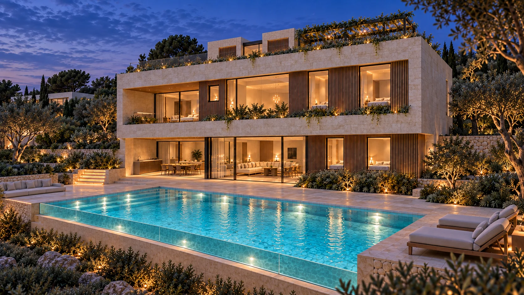 Villa Áurea — Piedra clara, madera y vidrio componen una residencia abierta al paisaje de Cala Llamp.