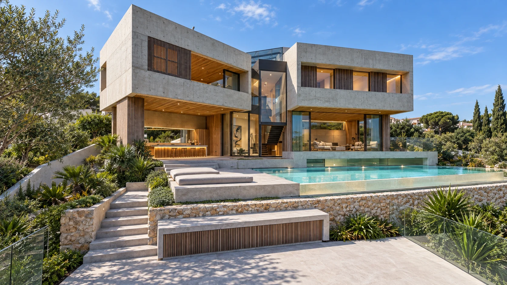 Villa Zenith — Volúmenes de hormigón, madera cálida y grandes superficies acristaladas abren la vivienda hacia la piscina y el jardín.